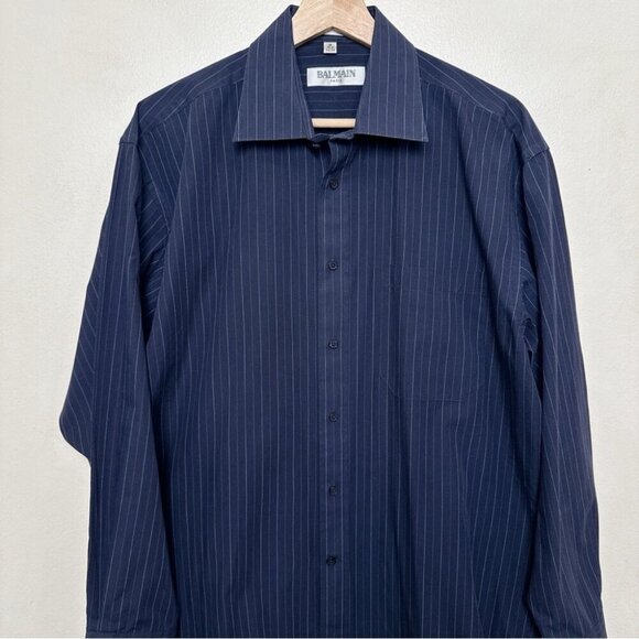 Balmain Paris Mens Medium 15.5 Pinstripe Navy Dress Shirt - Picture 2 of 13